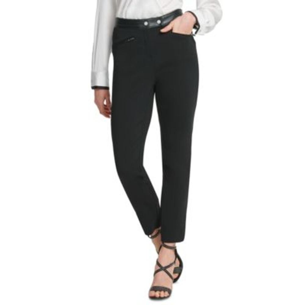 NWT DKNY Women's Straight Leg Pants Faux Leather Waist Detail Black 4 Classic